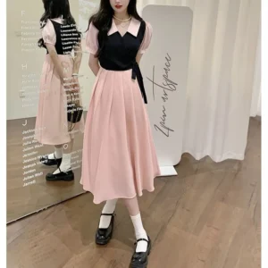 Unique Gentle Wind Contrasting Colors Summer Women V-neck Corset Patchwork Frenulum Puff Sleeve Office Lady Comfortable Dress